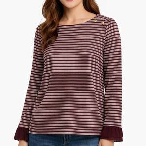 Talbots Burgundy Striped Metallic Knit Shirt Top Ruffle Cuff XL